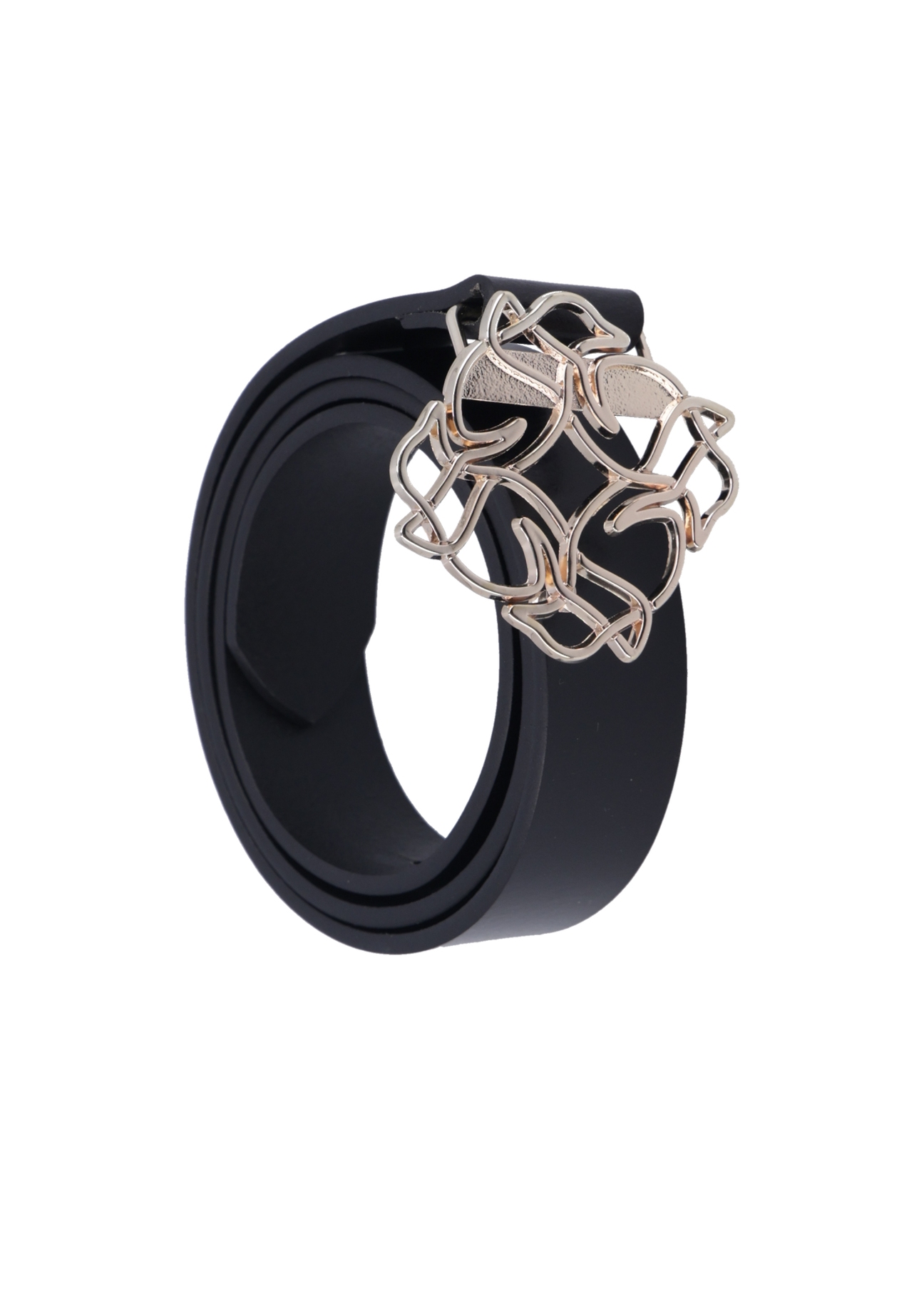Black women's leather belt with decorative buckle PASDS-0305-99(Z25), diagonal product view on white background.