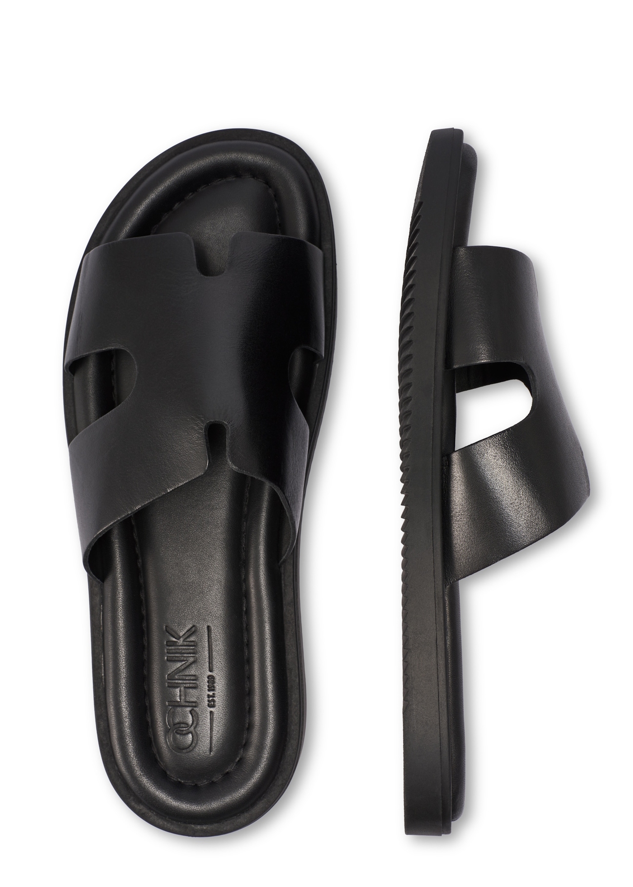 Men's black leather flip-flops BUTYM-0535-99(W26), top view of the product on a white background.