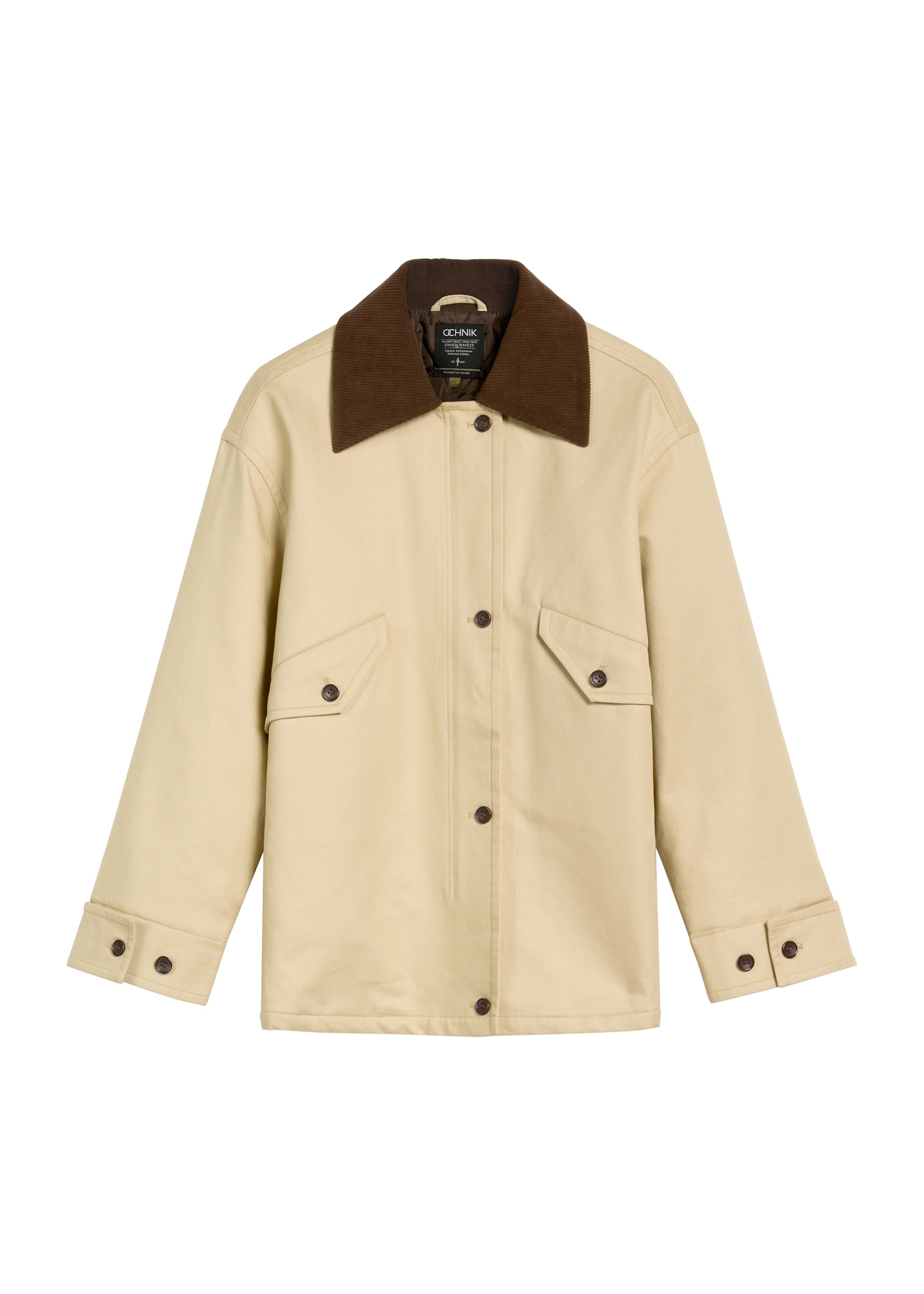 Beige women's oversize jacket KURDT-0615-81(Z25), product view from the front on a white background.