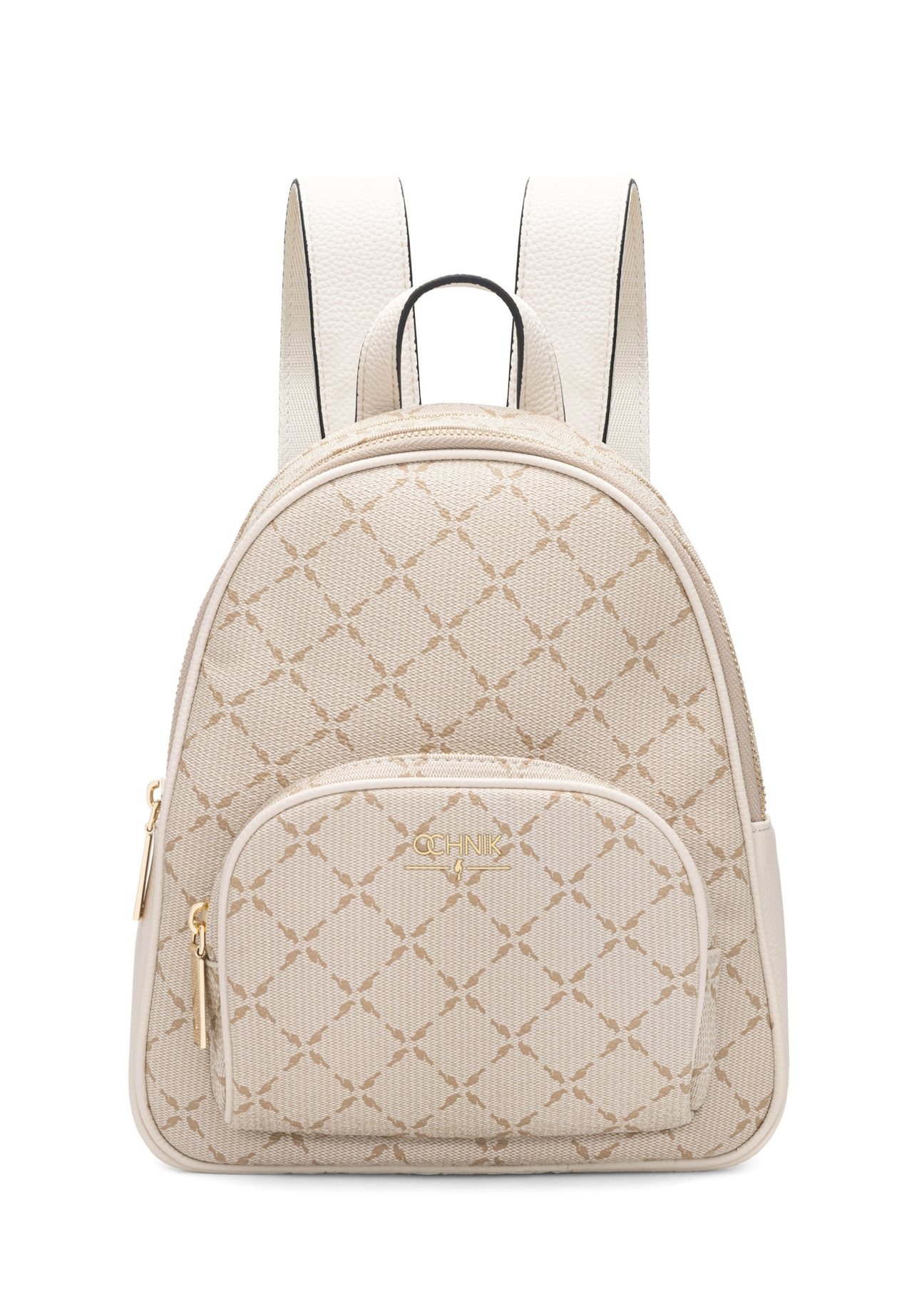 Cream women's backpack with monogram TOREC-1026-0P(W26), front product view on white background.