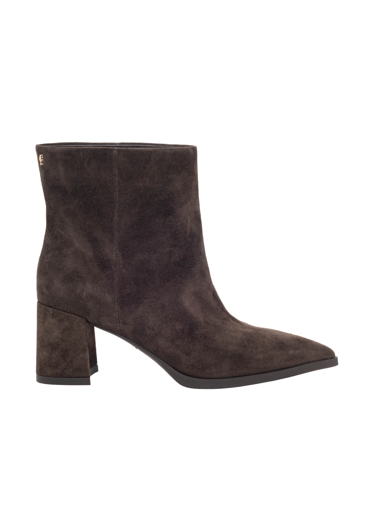 Dark brown suede women's ankle boots BUTYD-1337-1I(Z26), side product view on white background.