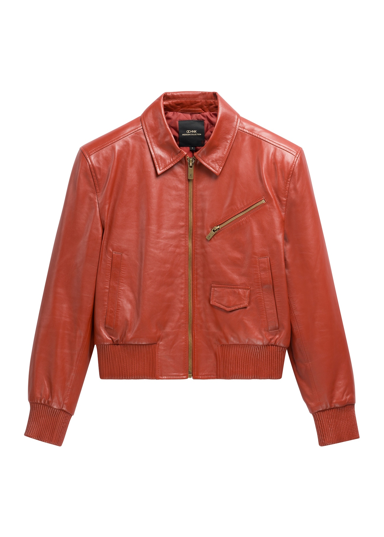 Women's leather jacket in red color KURDS-0624-3D(Z26), front product view on white background.