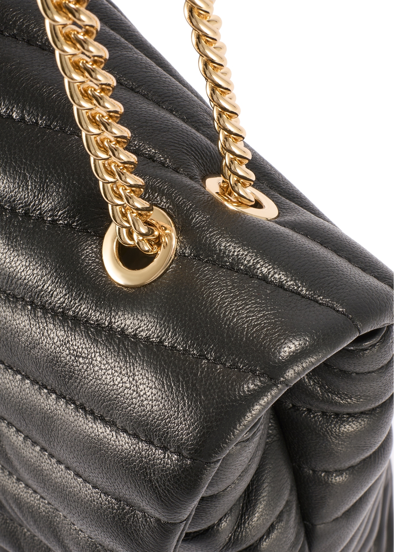 Black leather women's handbag with quilting TORES-1286-99(W26), close-up of product detail, view on white background.