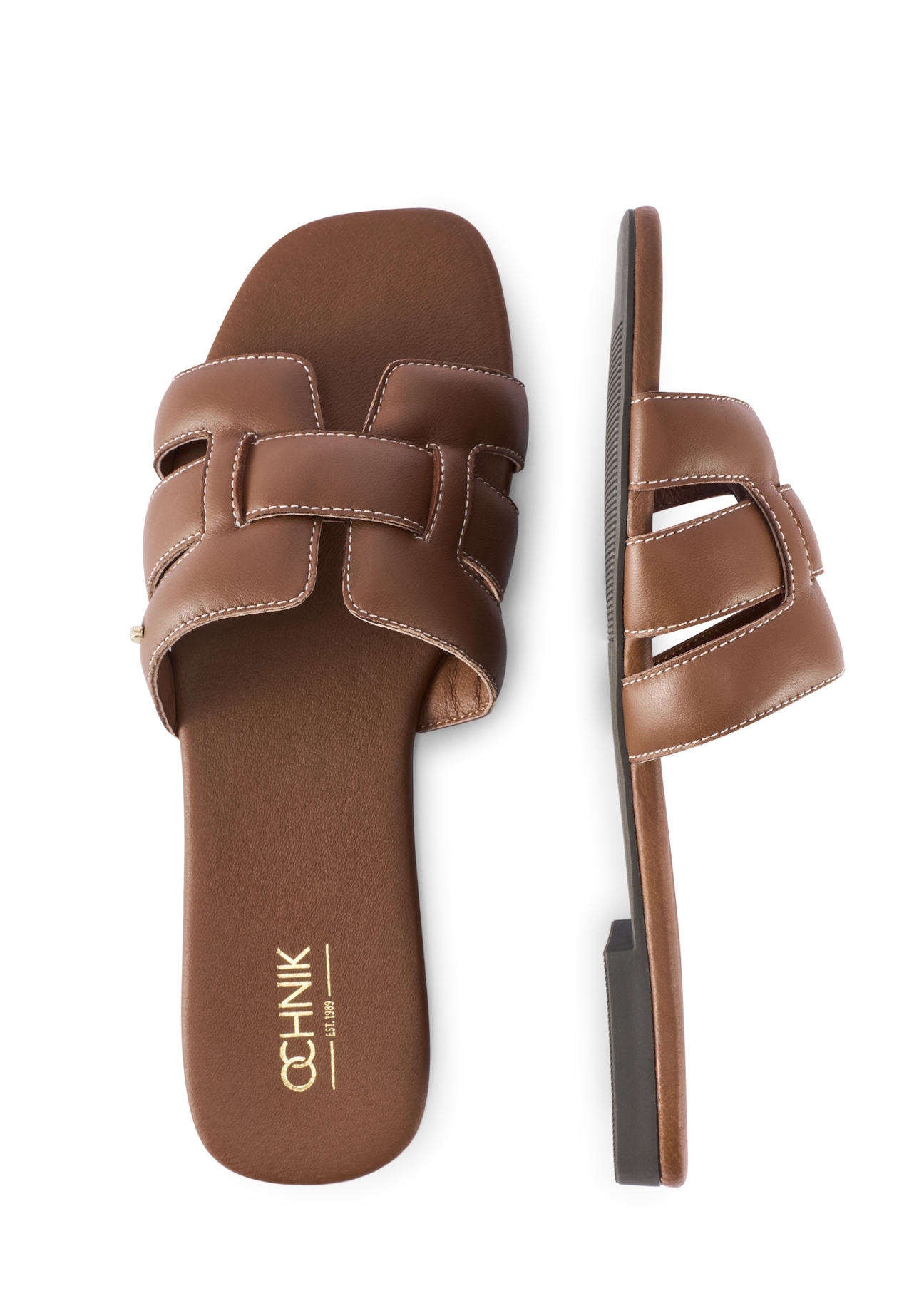 Camel leather women's flip-flops with braid BUTYD-1225-1D(W26), product view from above on white background.