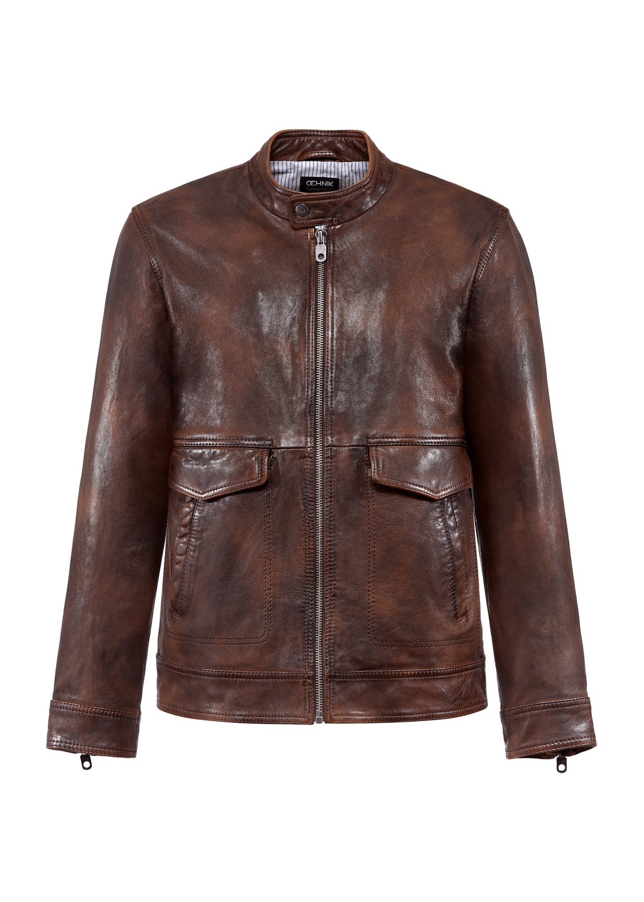 Brown men's vintage leather jacket KURMS-0356-2623(W25), front product view on white background.