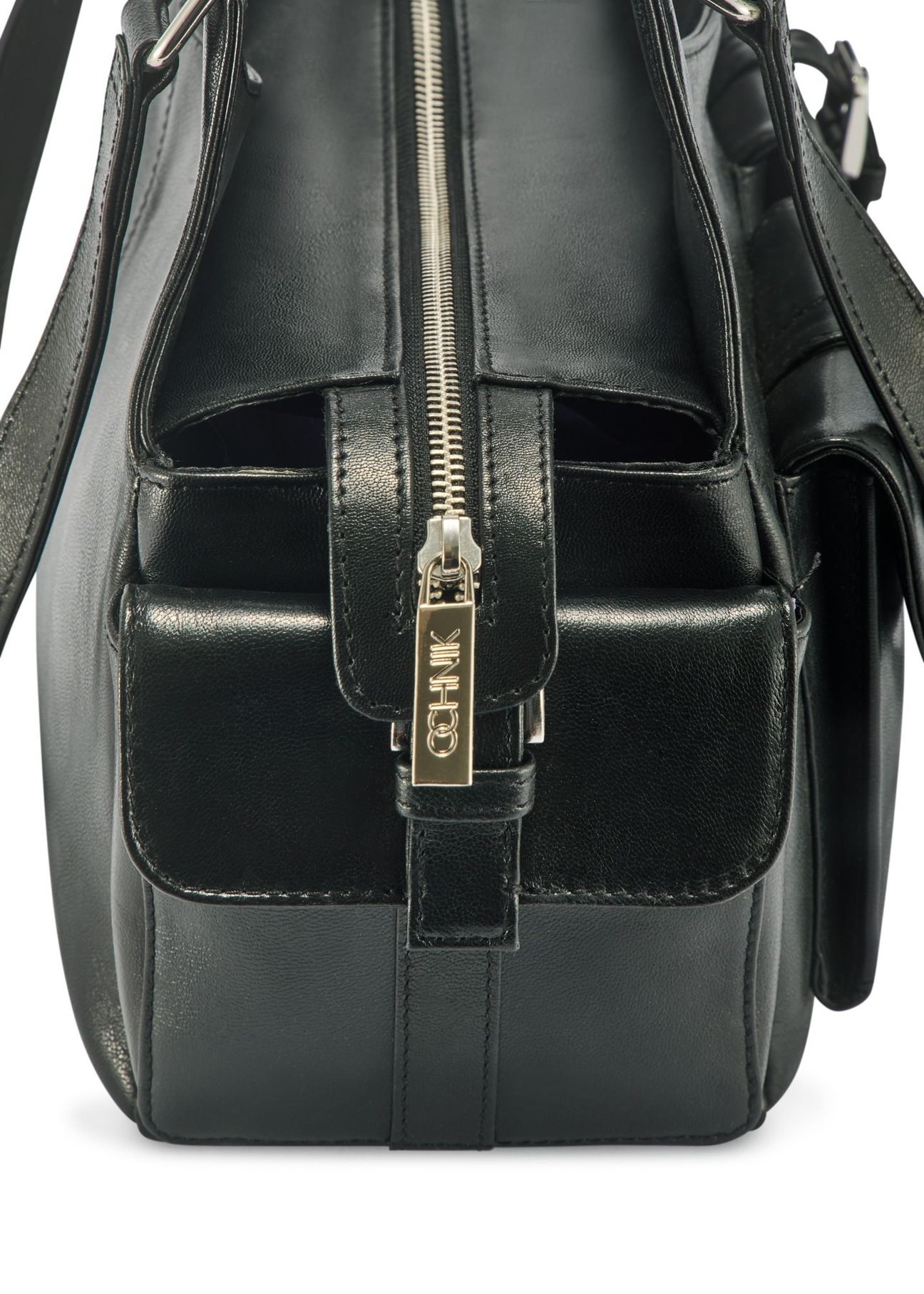 Black leather women's handbag TORES-1136A-99(Z25) - close-up of the detail on a white background.