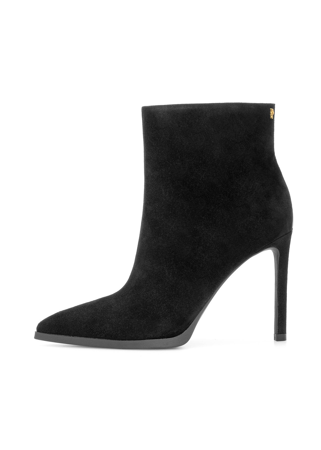 Black suede high heel ankle boots BUTYD-1207-99(Z25), side view of the product on a white background.