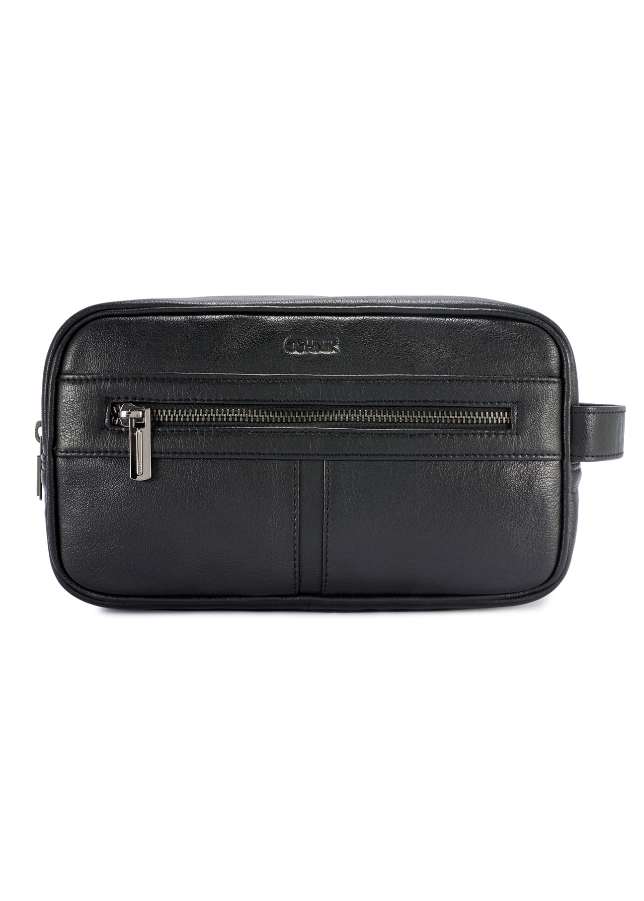 Black leather men's cosmetic bag TORMS-0490-99(W26), front product view on white background.