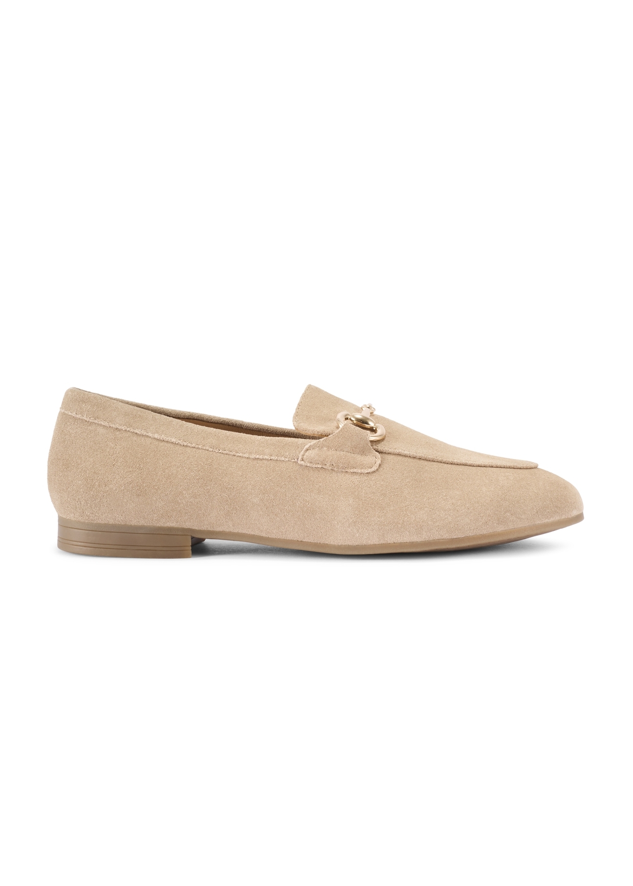Dark beige suede women's moccasins BUTYD-1257-1K(W26), side product view on white background.