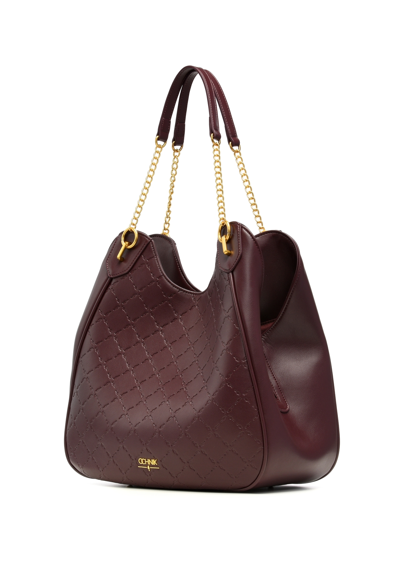 Women's burgundy shopper bag with monogram TOREC-1283-4P(Z26), diagonal product view on a white background.