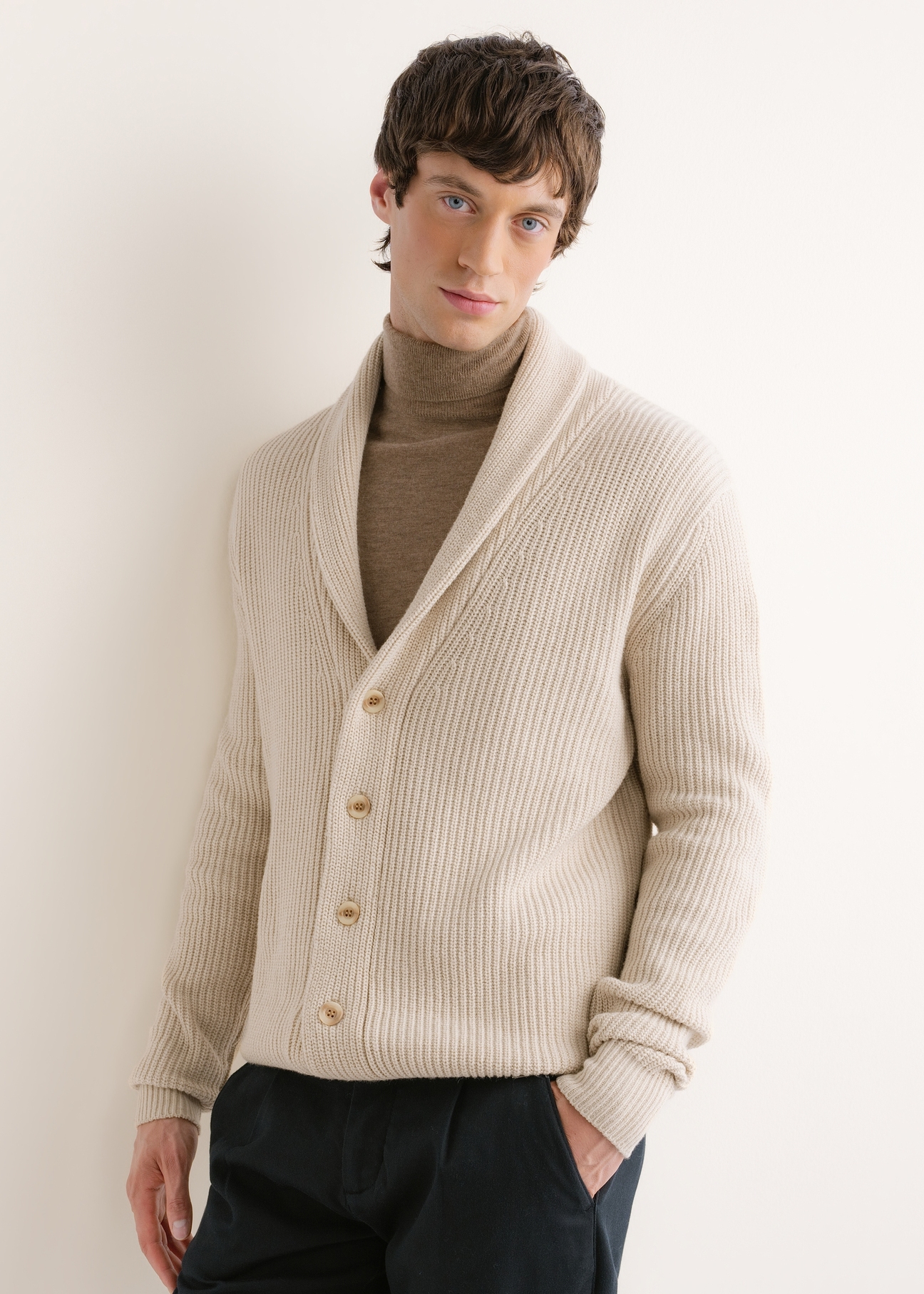 Light beige men's cardigan KARMT-0006-1A(Z26), front view on a model. Half of the figure is visible.
