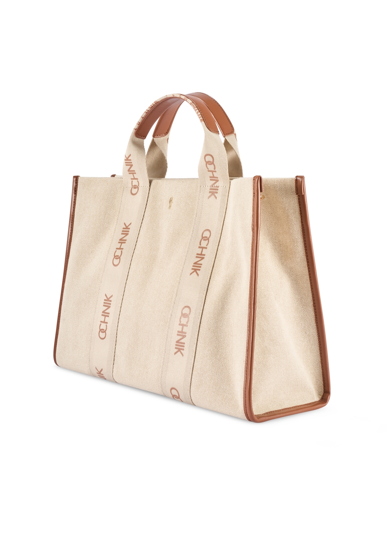 Beige women's tote bag TOREN-0288A-1E(W26), diagonal product view on white background.
