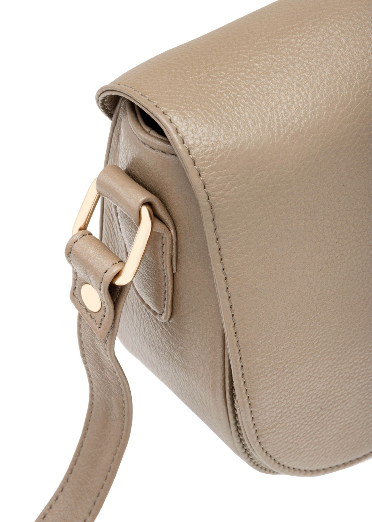 Dark beige leather semi-circular messenger bag TORES-0972F-1K(W26) - close-up detail on white background.