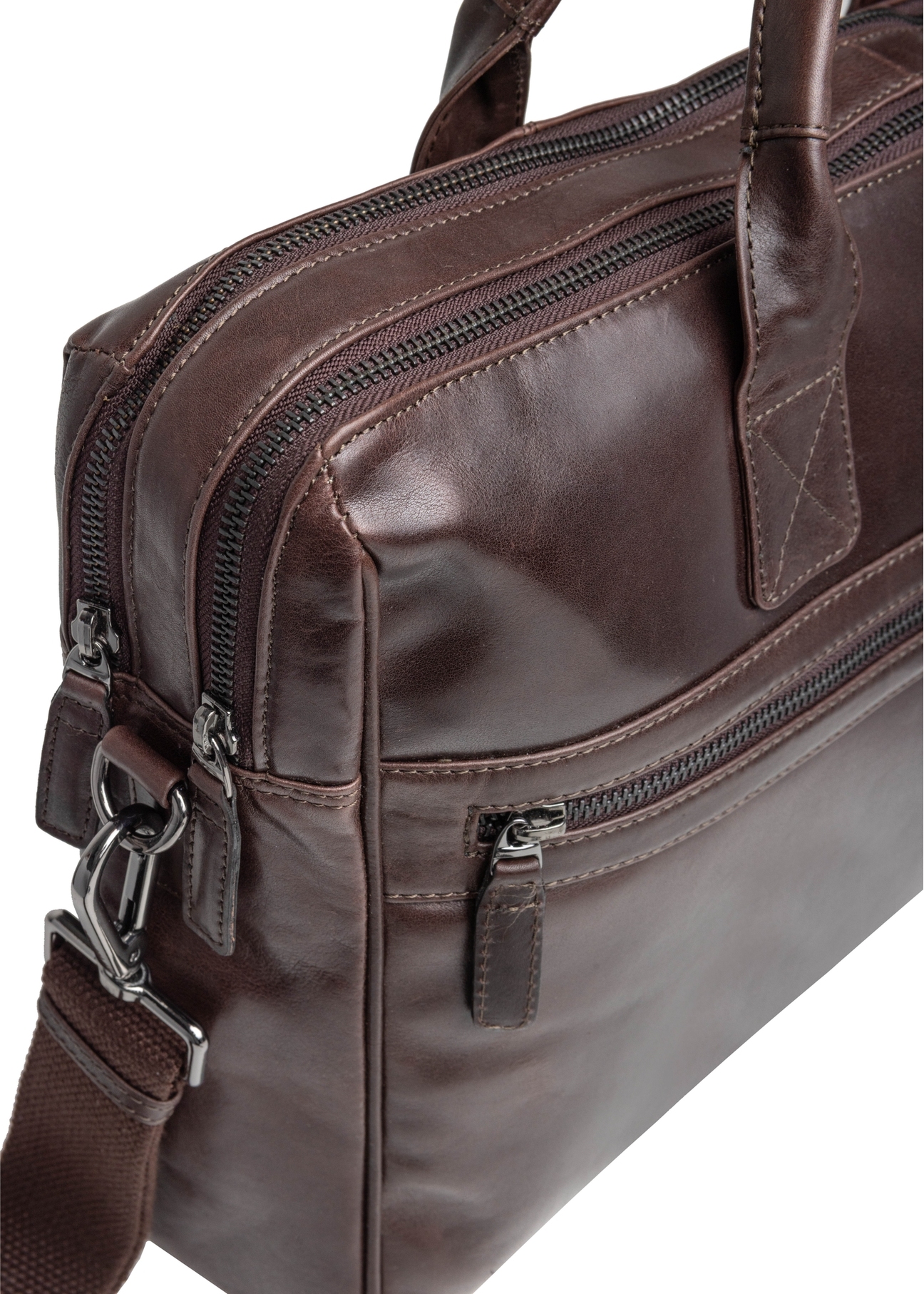 Brown leather men's bag TORMS-0460-89(Z25), close-up of product detail, view on white background.