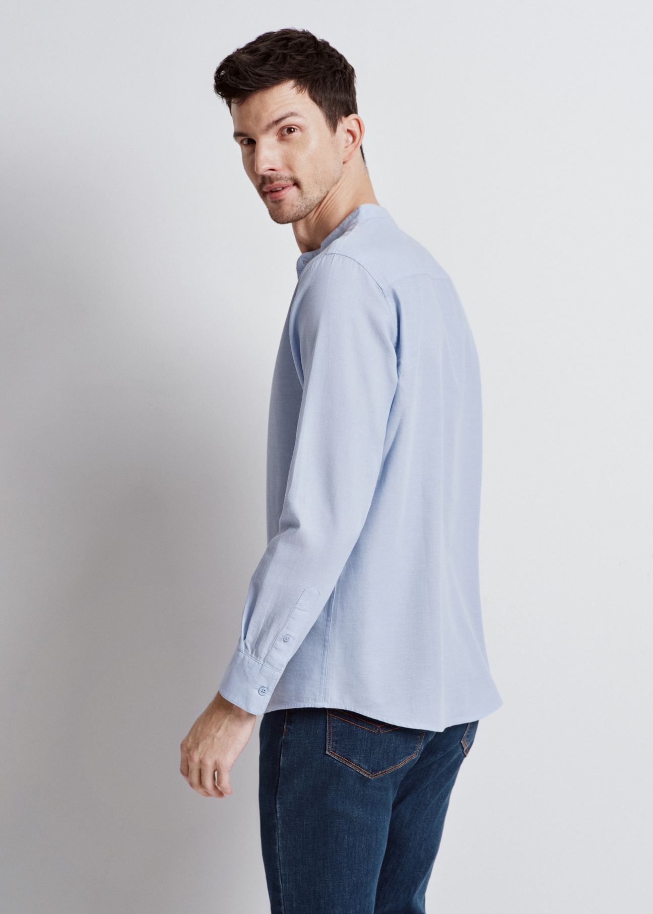 Men's blue collarless shirt KOSMT-0326-61(W24)-03