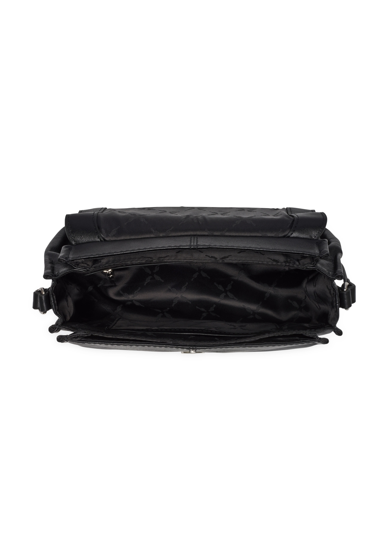 Black small leather handbag TORES-1351-99(Z26), top view of the product inside on a light background.
