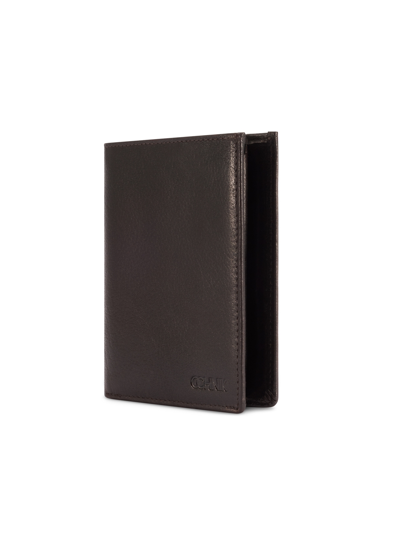 Chocolate-colored leather men's wallet PORMS-0673-90(Z25), diagonal product view on white background.