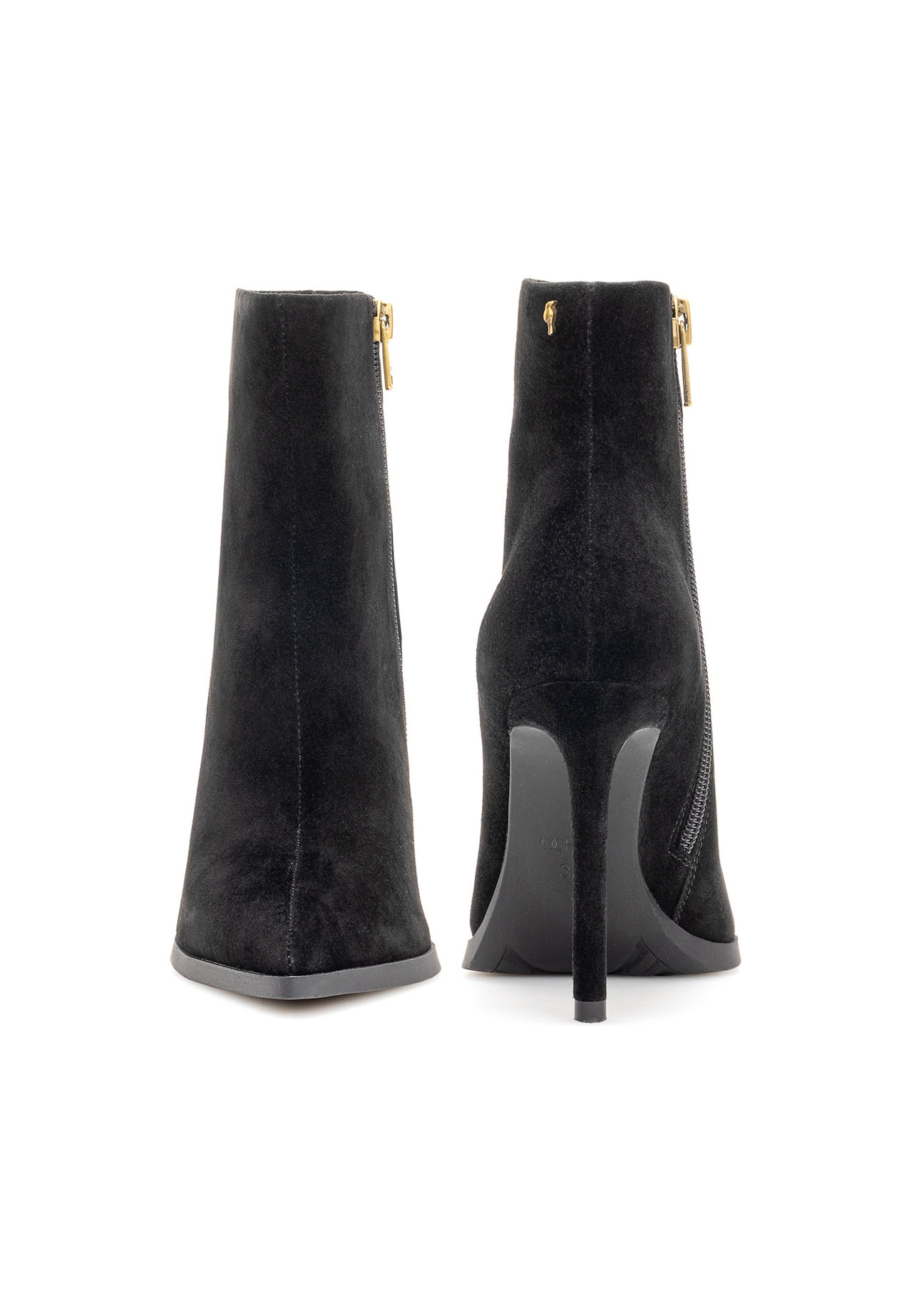 Black suede high heel ankle boots BUTYD-1207-99(Z25), front and back product view on white background.
