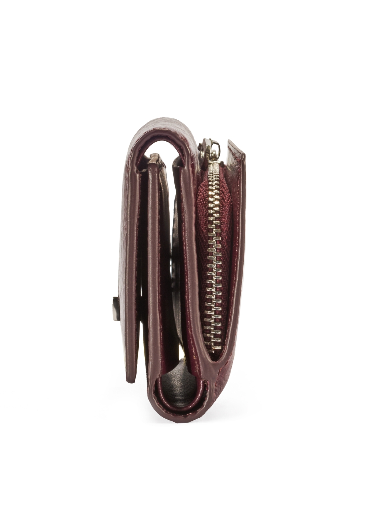 Small burgundy women's wallet PORES-0967-49(Z25), product view from the side on a white background.