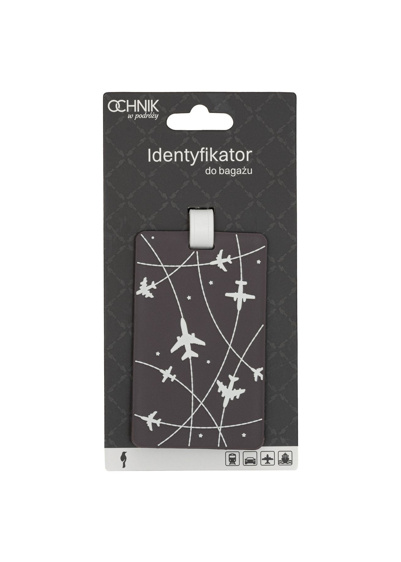 Luggage tag with airplanes AW-012-0013-9C(W26), product view with packaging on white background.