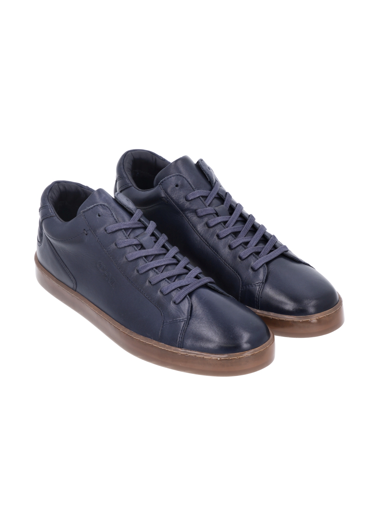 Navy blue men's leather sneakers BUTYM-0405C-7D(Z26), diagonal product view on white background.