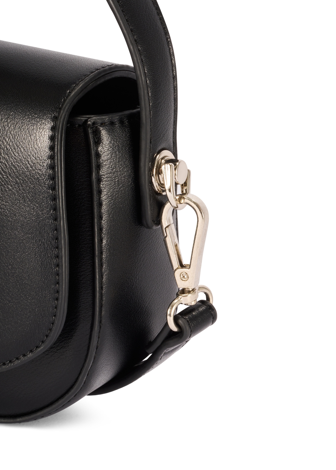 Small black women's messenger bag TOREC-1185-99(W26), close-up of the product detail on a white background.