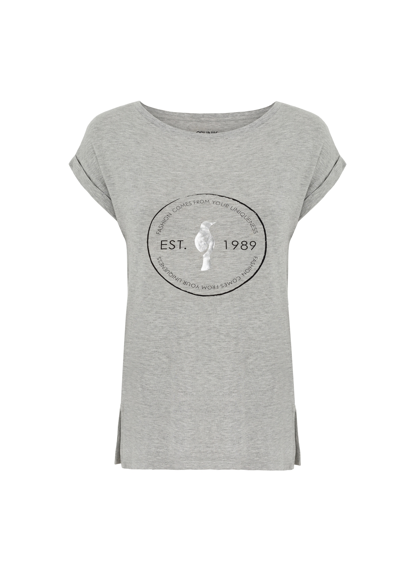 Women's elongated gray T-shirt TSHDT-0067-91(W21)-02