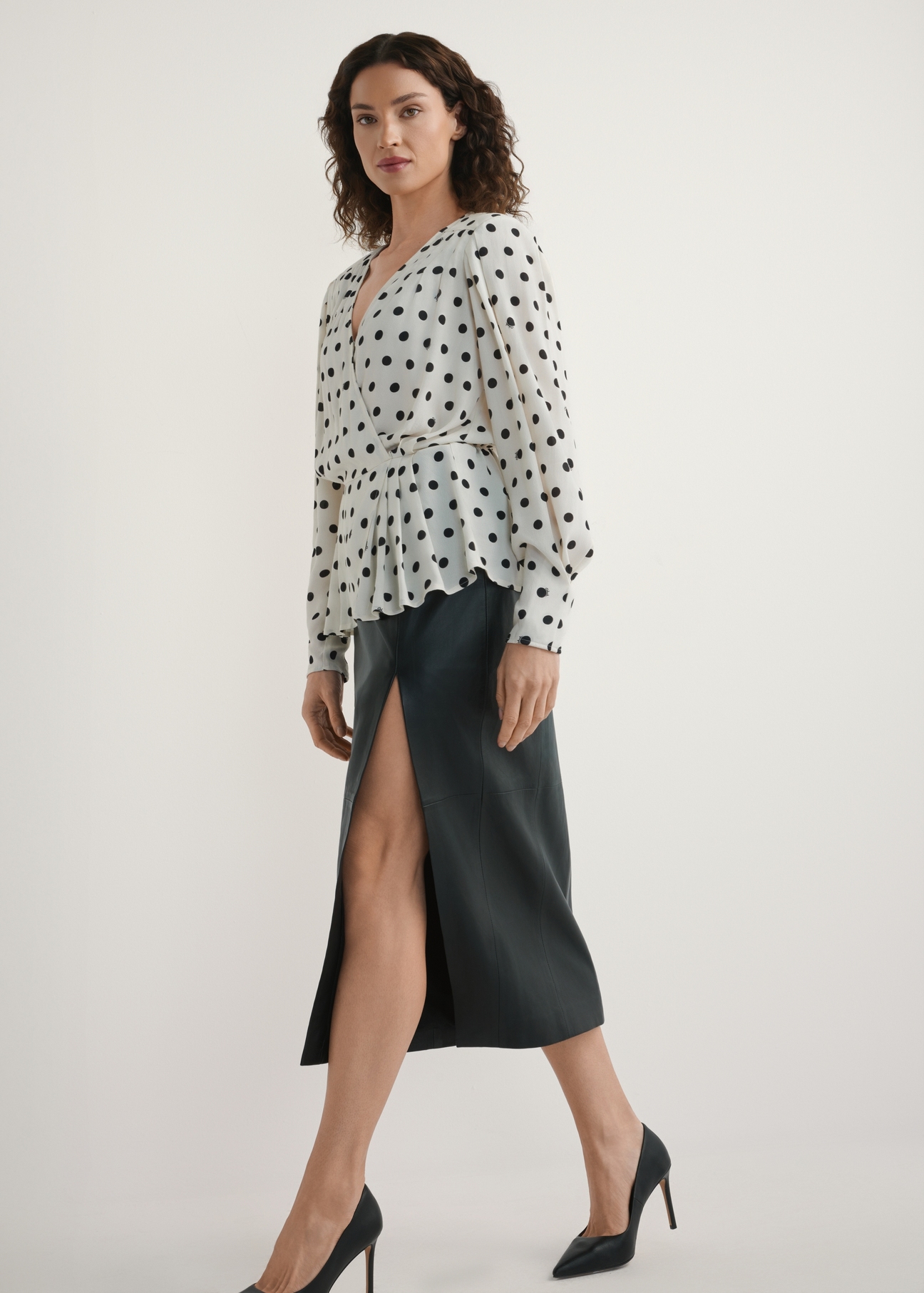 Women's cream polka dot blouse BLUDT-0204-0P(W26), front view of the product on the model. Full body visible.