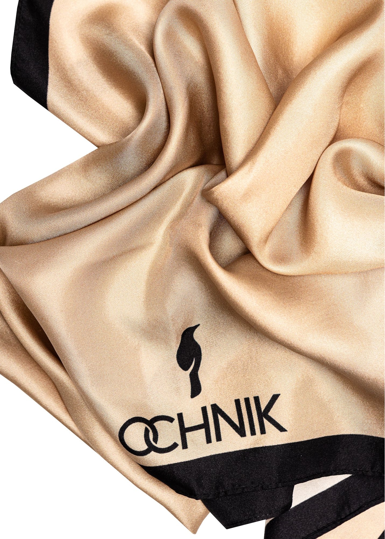 Light beige women's silk scarf SZADT-0188-1B(W26), close-up of the product logo on a white background.