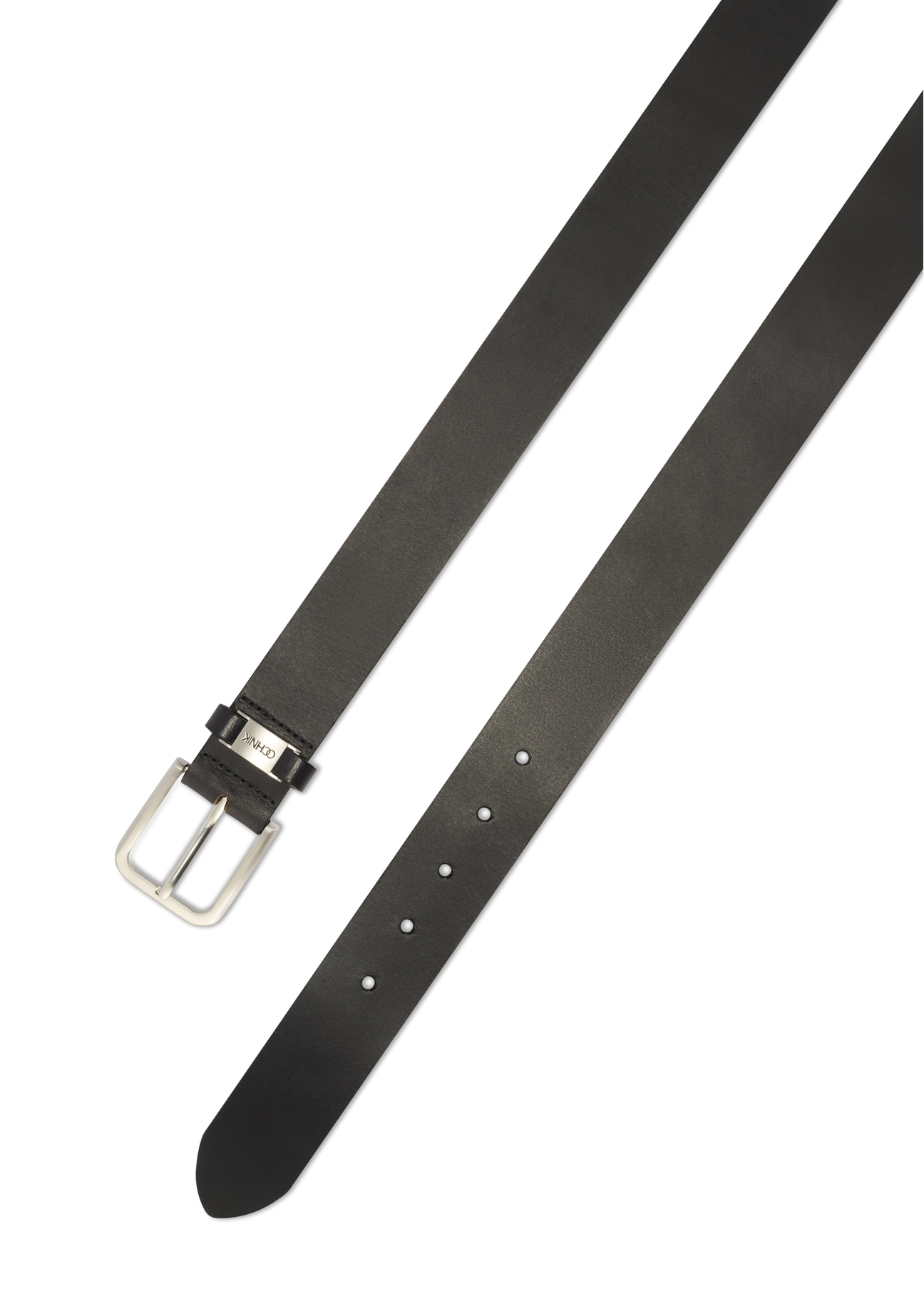 Navy blue men's leather belt PASMS-0273-69(Z25), close-up of the product clasp, view on a white background.