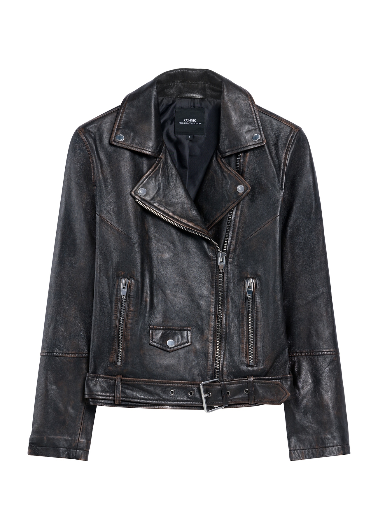Dark brown women's leather jacket KURDS-0563-2729(Z25), front product view on white background.