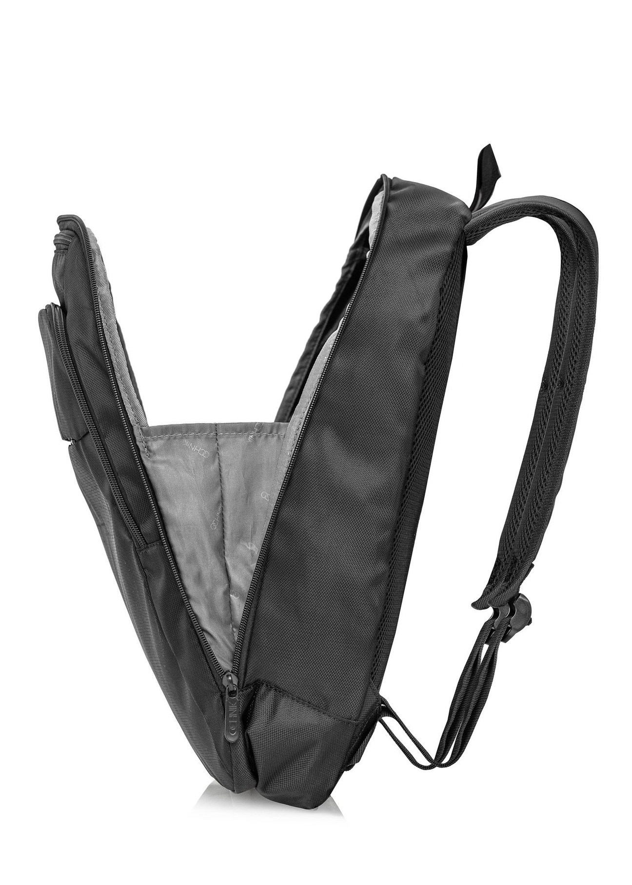 Men's black backpack with laptop pocket TORMN-0264C-99(Z25), side view of the open product on a white background.