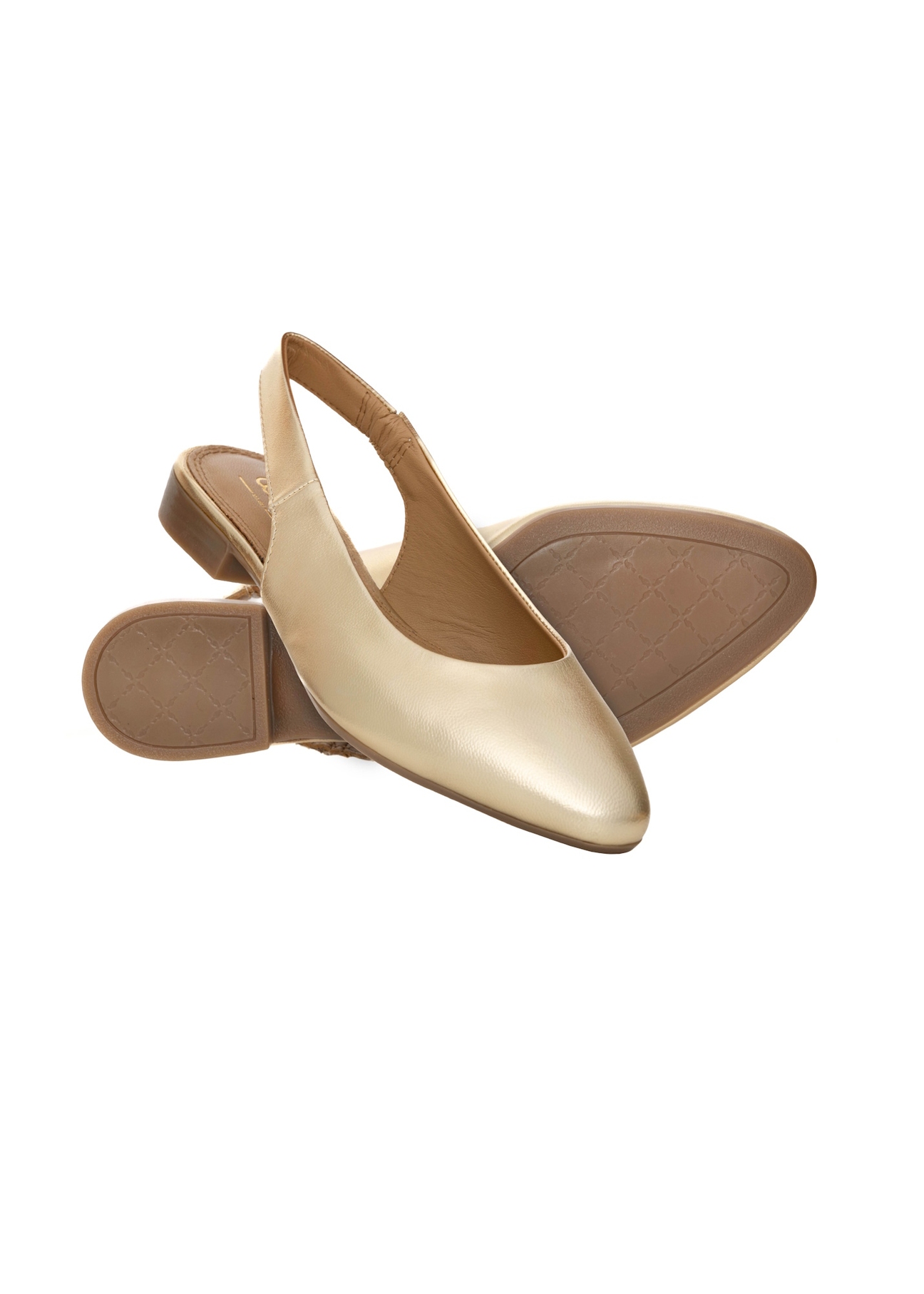 Women's gold ballet flats without a heel BUTYD-1246-2X(W26), diagonal product view on a white background.