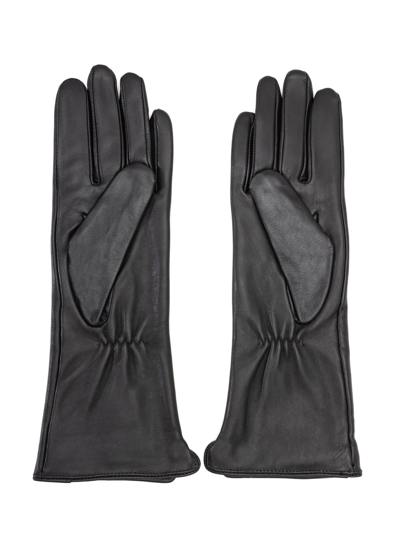 Long black leather women's gloves REKDS-0082A-99(Z26), product view from the back on a white background.