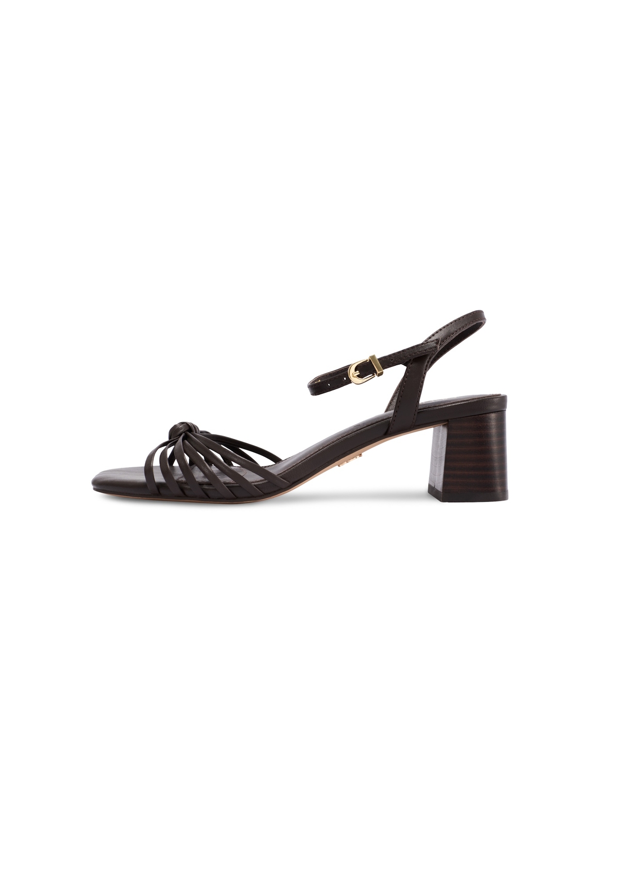 Dark brown leather block heel sandals BUTYD-1234-1IW26), side product view on white background.