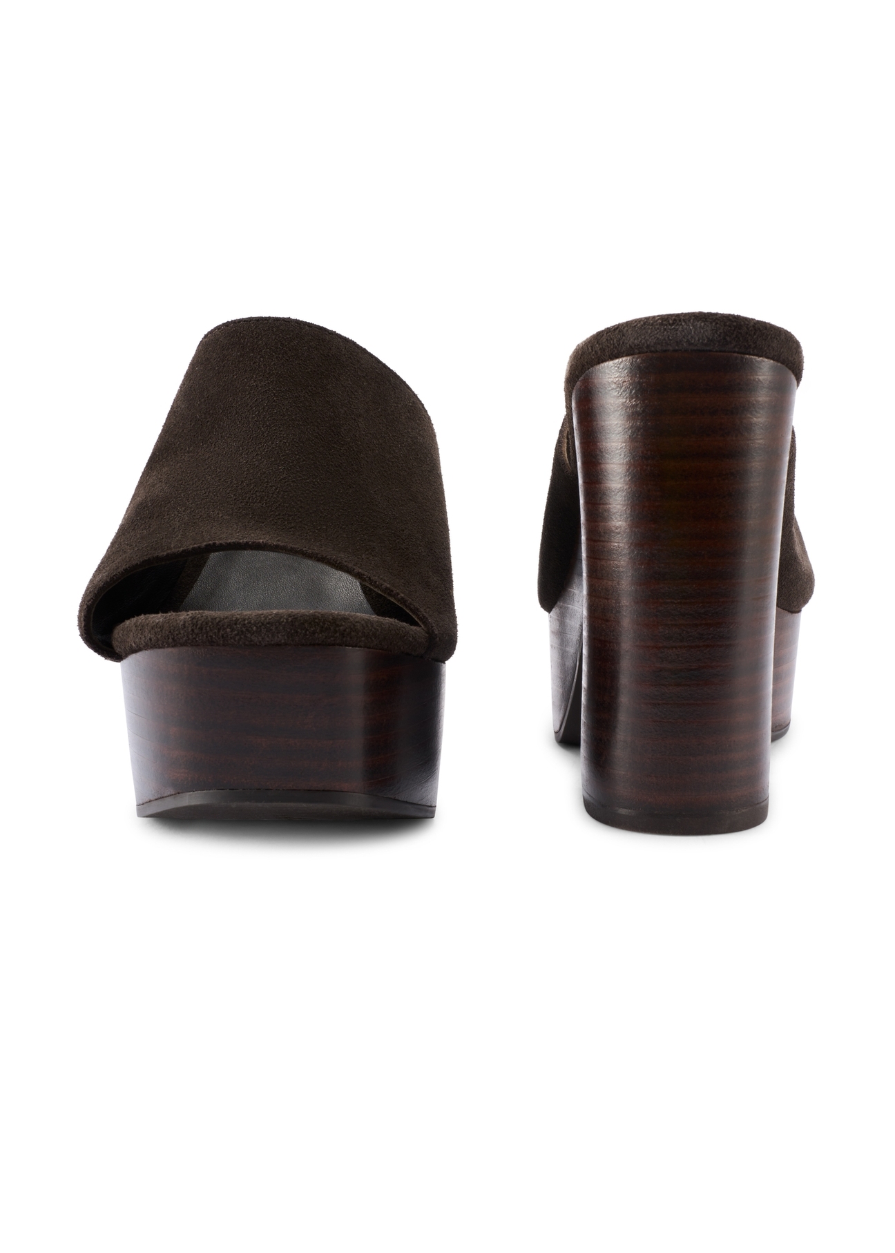 Dark brown leather women's mules on a block heel BUTYD-1275-1I(W26), front and back view of the product on a white background.