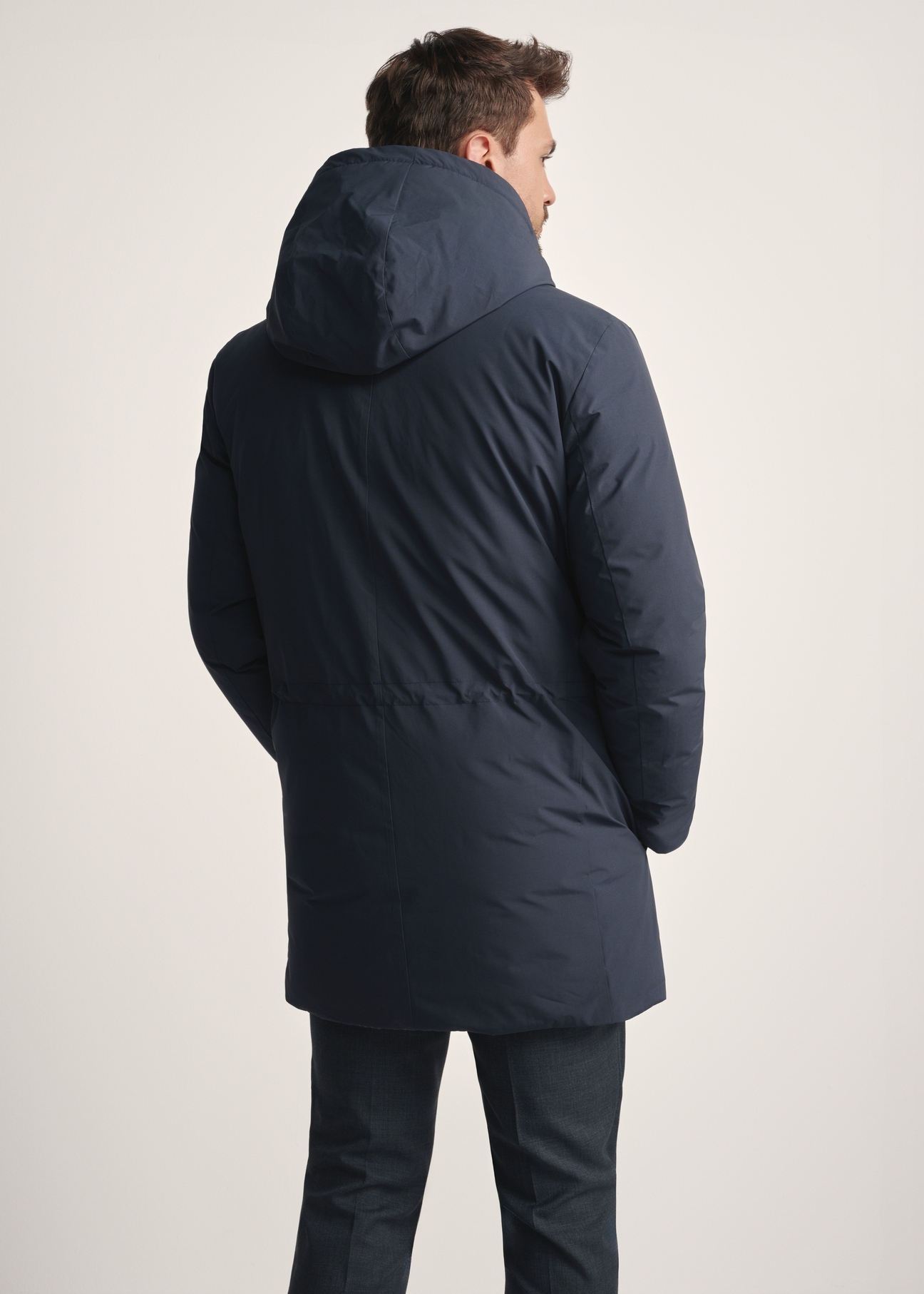 Men's navy blue jacket with natural insulation KURMT-0394-69(Z25) - product view from the back against a white background. Knee-length silhouette visible.