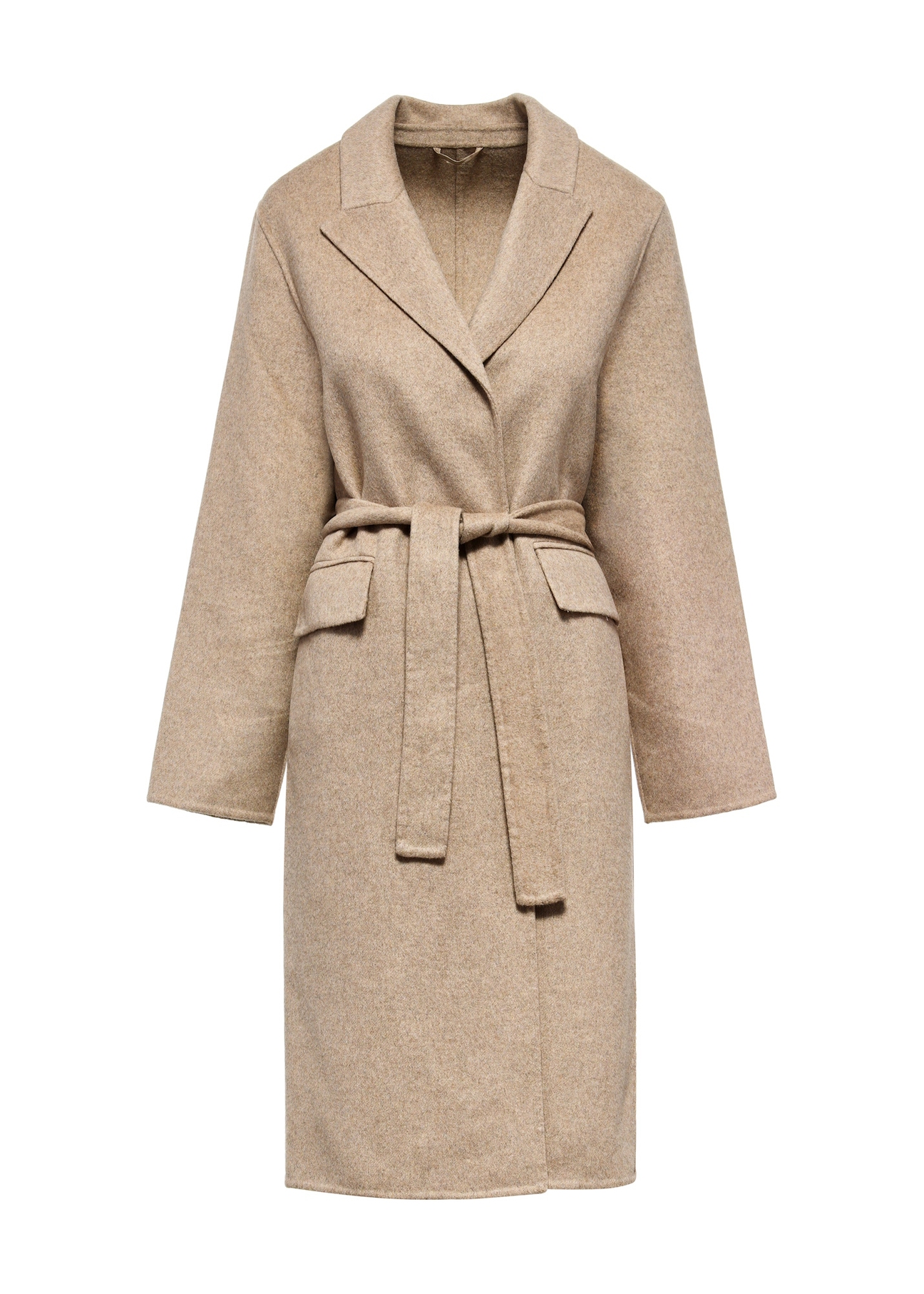 Beige women's wool coat PLADT-0051-81(W25), front product view on white background.