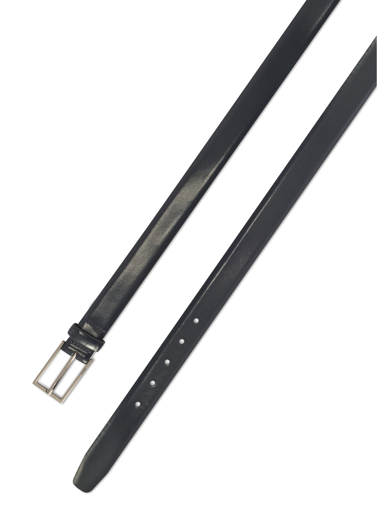 Navy blue men's leather belt PASMS-0256-69(Z25), view of the clasp of the product on a white background.