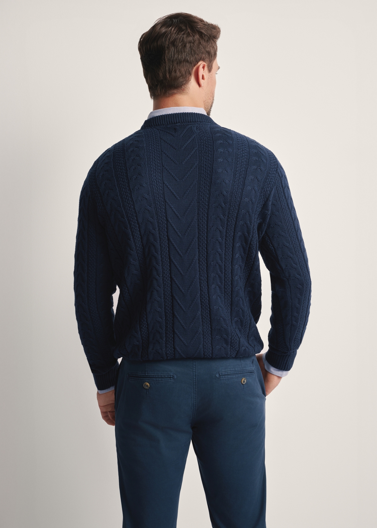 Navy blue men's sweater SWEMT-0179-68(Z25), back view of the product on the model. Half of the silhouette visible.