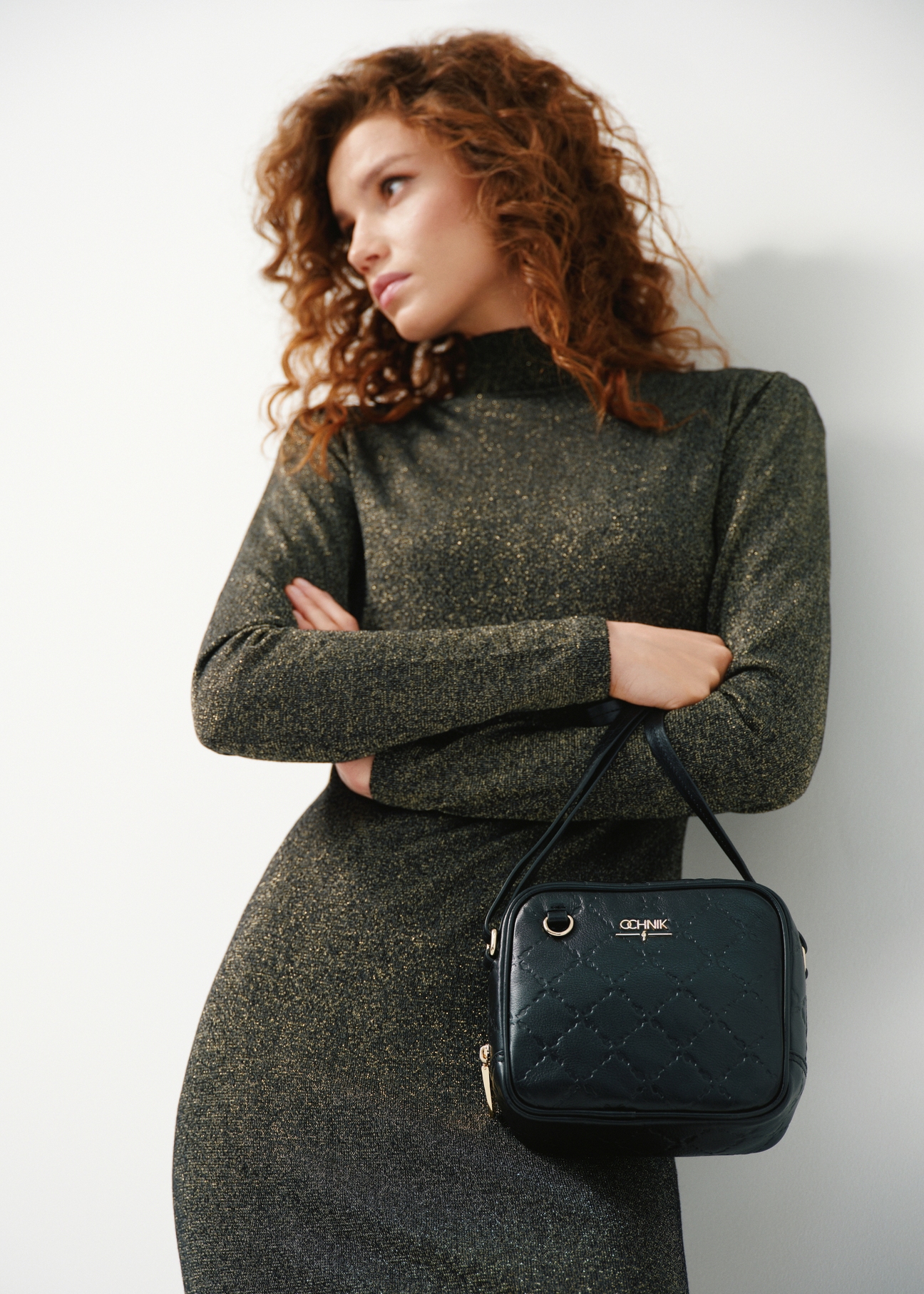 Women's black leather handbag with embossing TORES-0953-99(Z23)-07