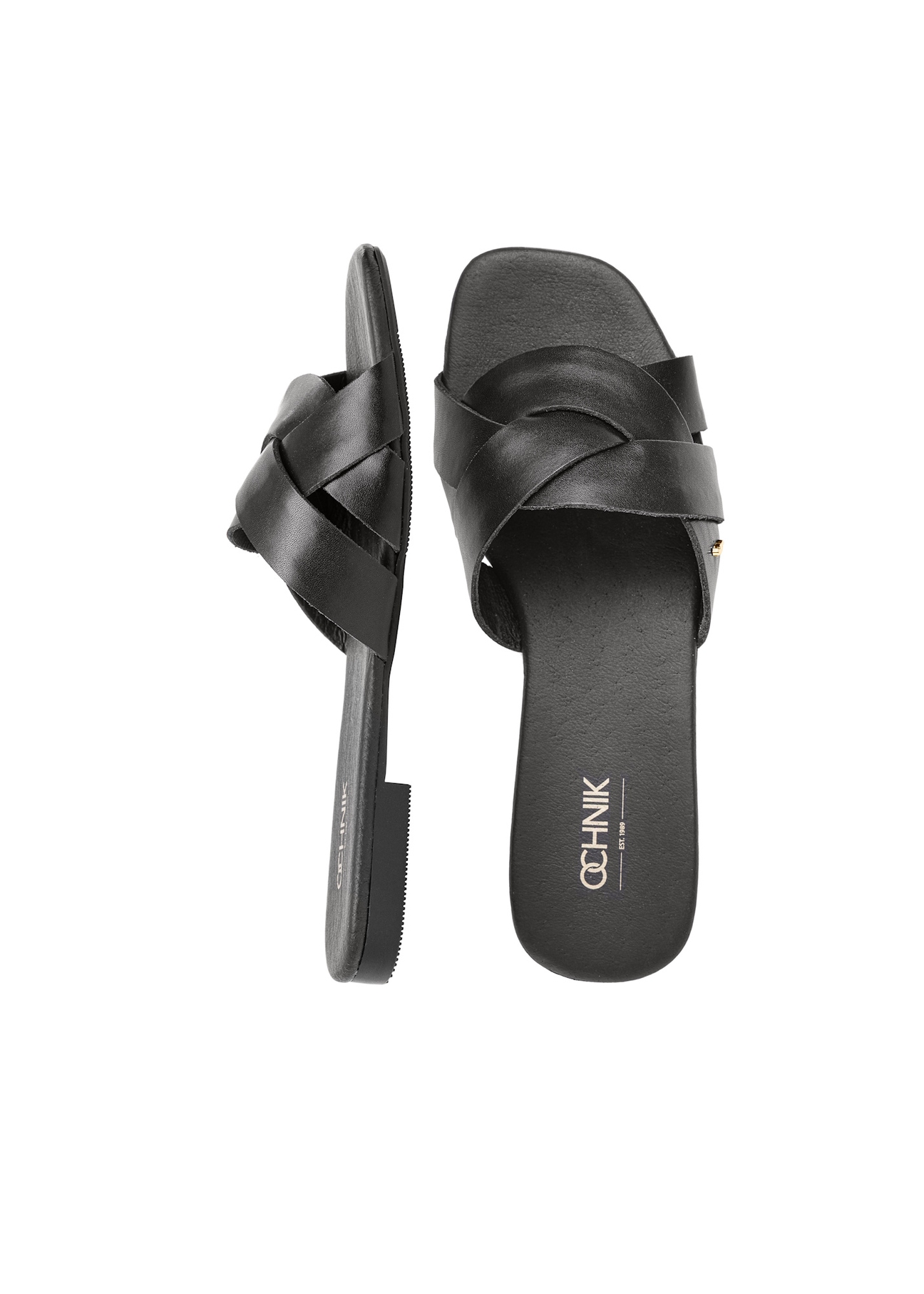 Women's leather flip-flops in black BUTYD-1159-99(W25), product view from above on a white background.