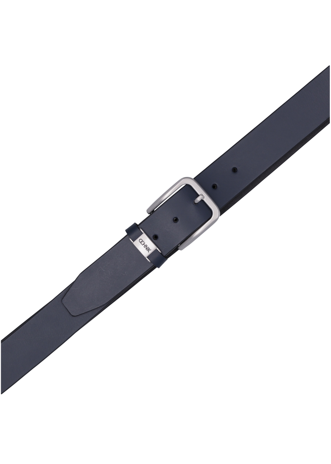 Navy blue men's leather belt PASMS-0273-69(Z26), close-up of the product buckle, view on a white background.