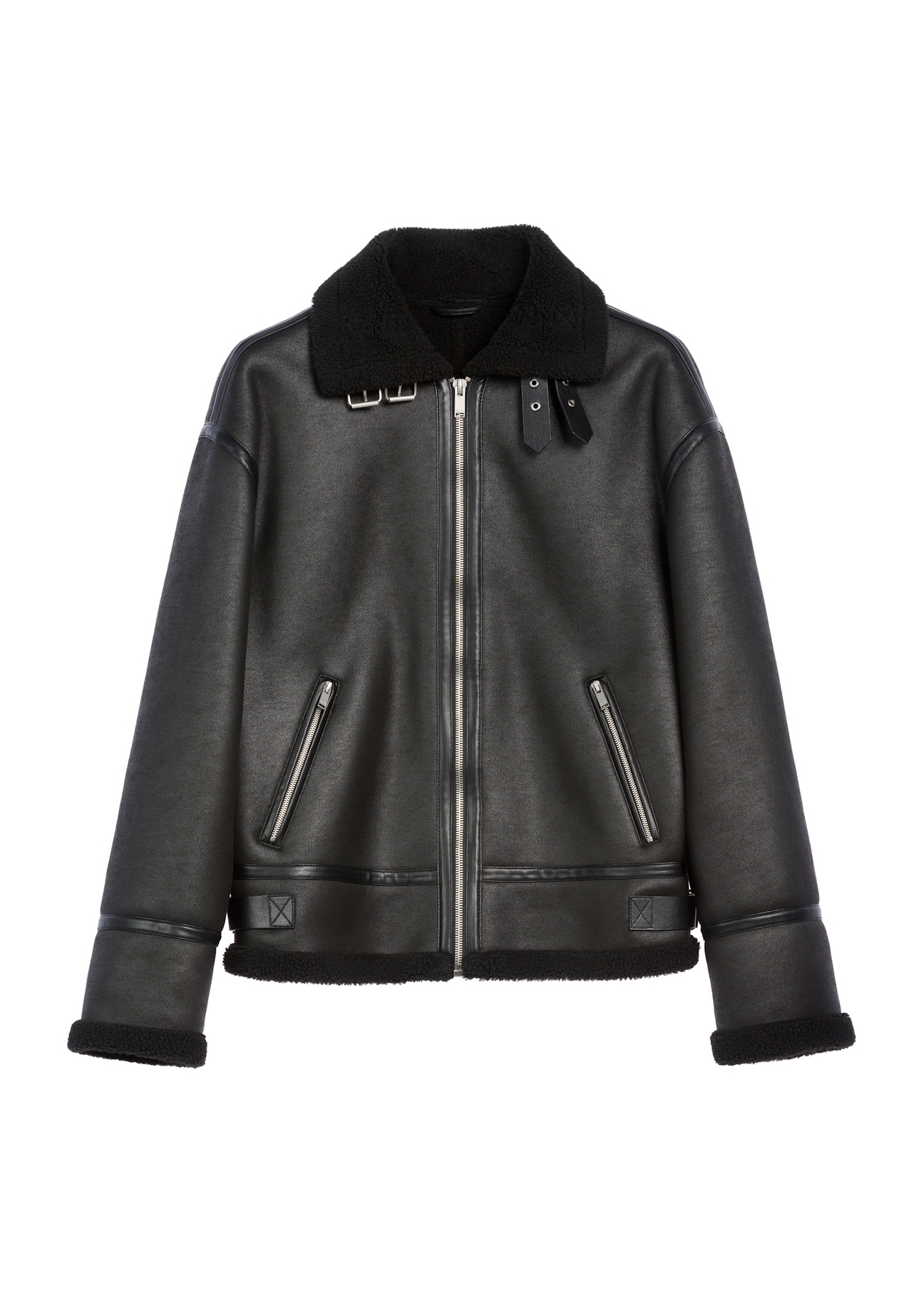 Black men's sheepskin coat KOZMP-0009-99(Z25) - front view of the product on a white background.