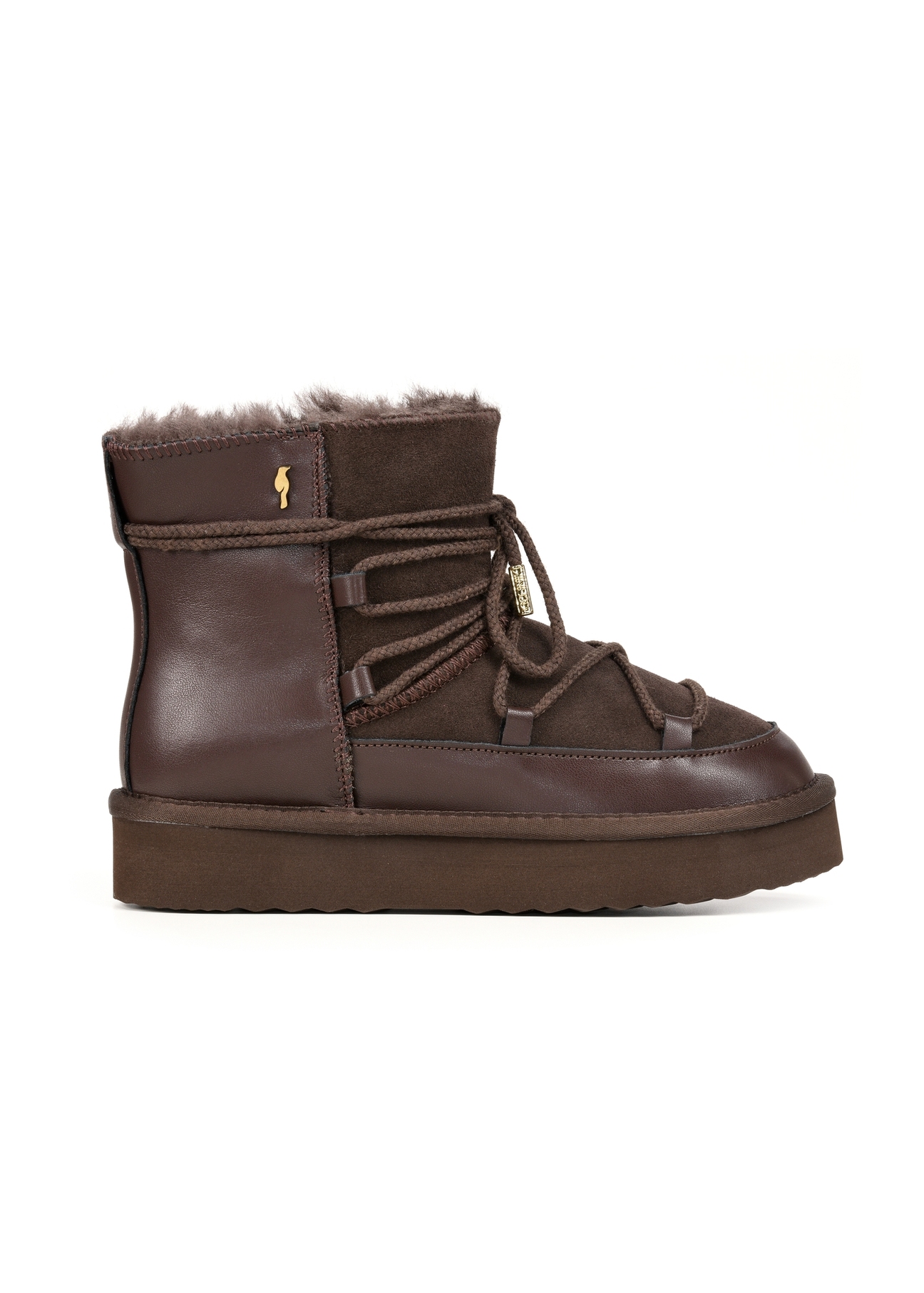 Chocolate women's snow boots BUTYD-1221-89(Z25), product view from the side on a white background.