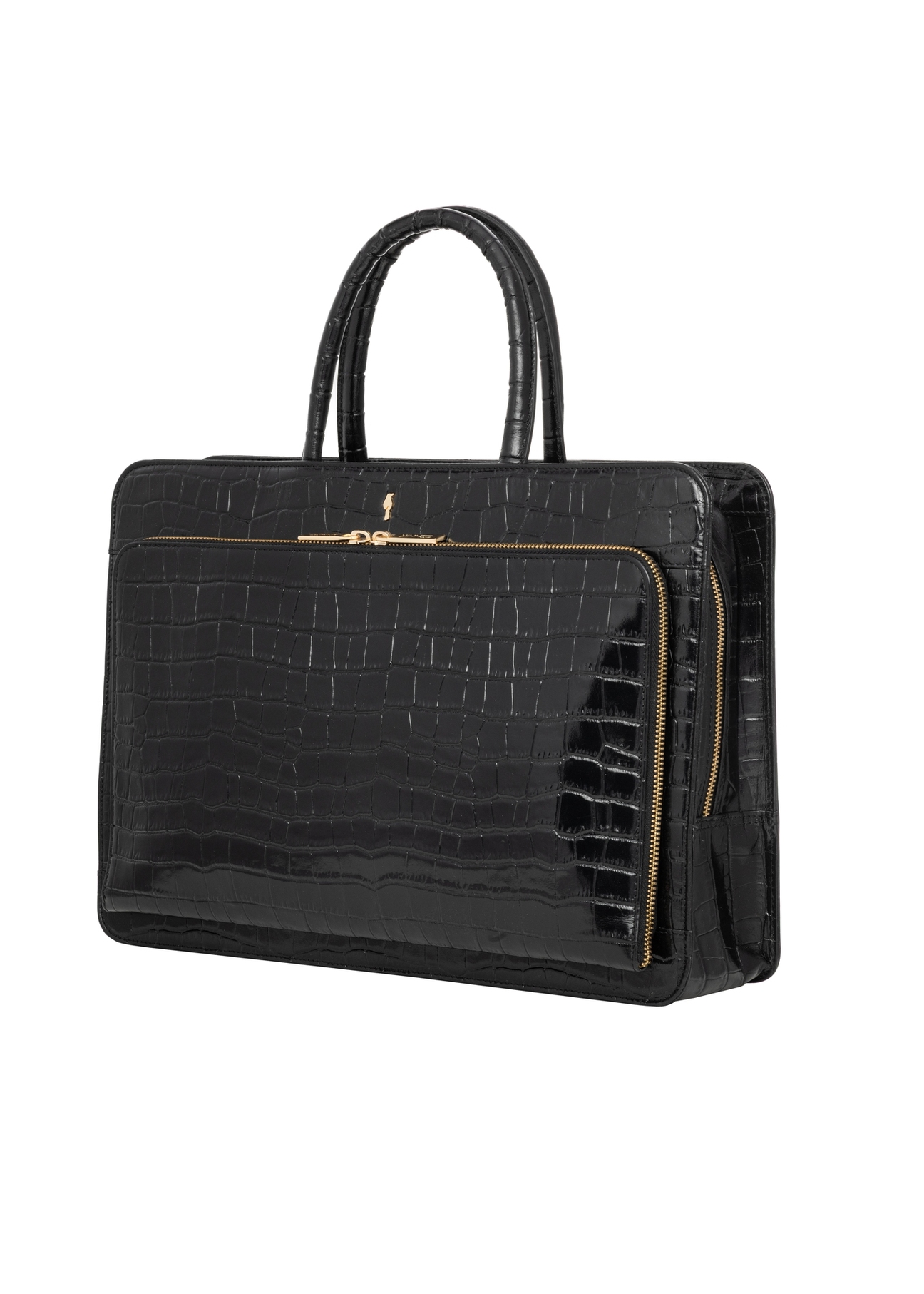 Leather black croco laptop bag TORES-1321-9G(Z26), diagonal product view on white background.