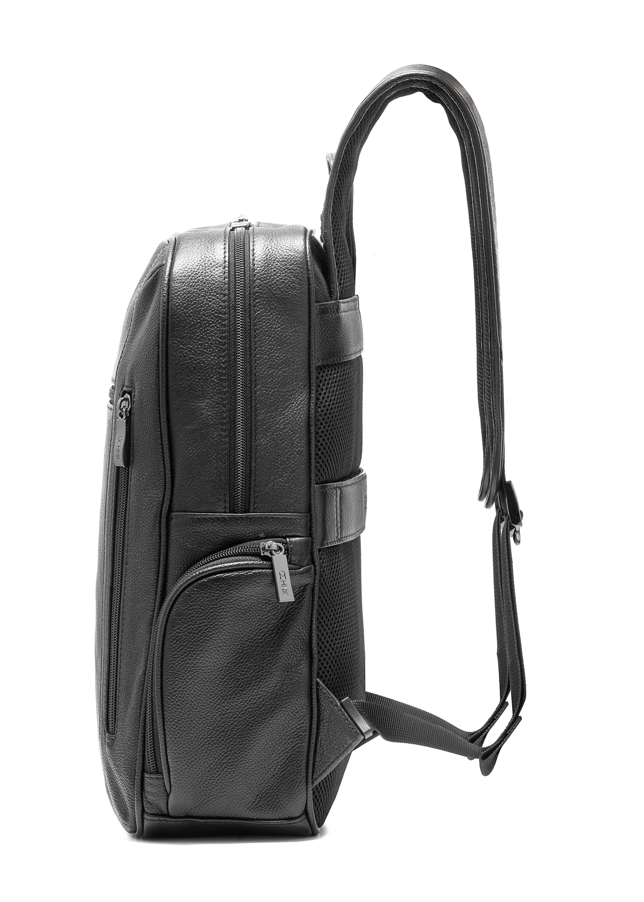 Men's leather black backpack TORMS-0477-99(Z25), product view from the side on a white background.