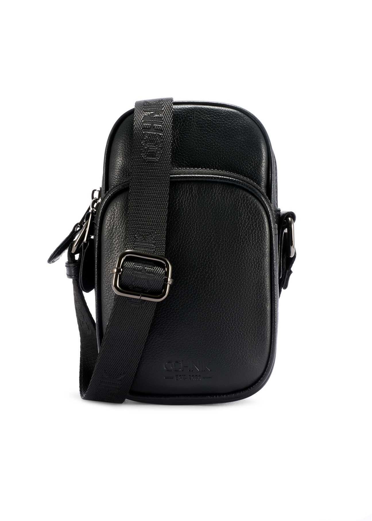 Black small leather men's bag TORMS-0409R-9I(W26), product view from the front on a white background.