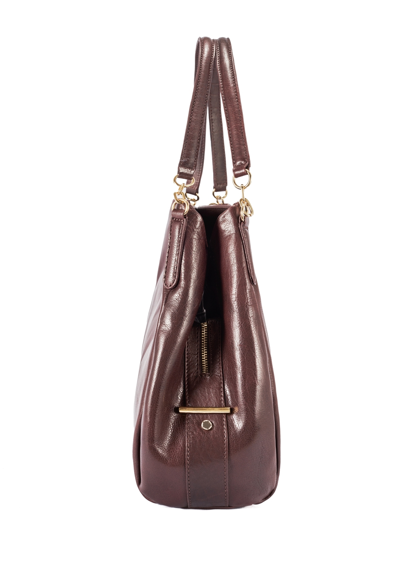 Brown leather women's shopper handbag TORES-0636D-89(Z25), product view from the side on a white background.