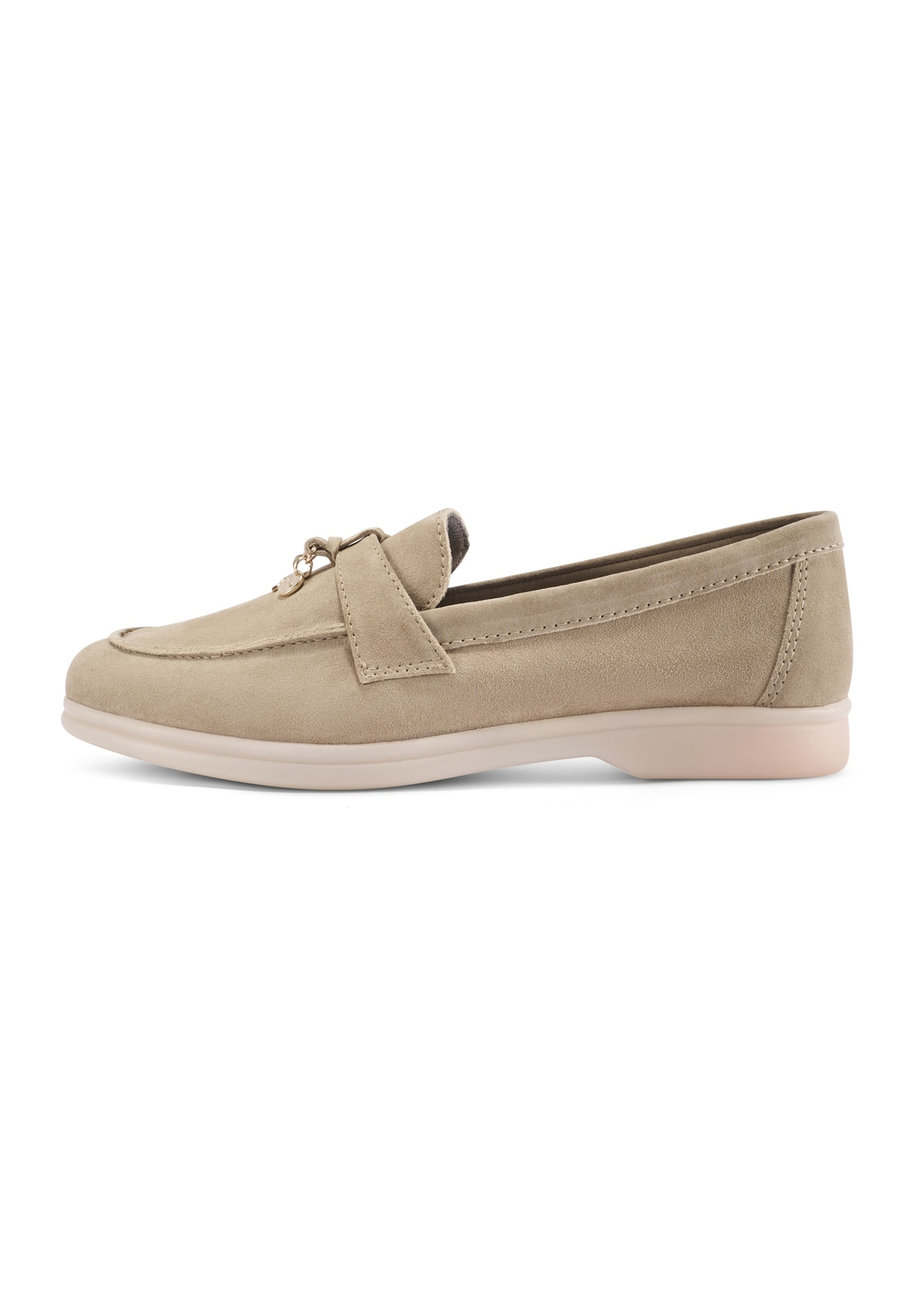 Women's leather moccasins in cool beige color BUTYD-1256-1K(W26), side view of the product on a white background.